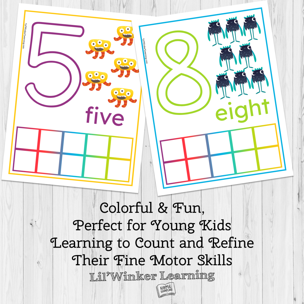 You can see two of the ten frames you'll get in this pack. It also says "colorful & fun, perfect for young kids learning to count and refine their fine motor skills."