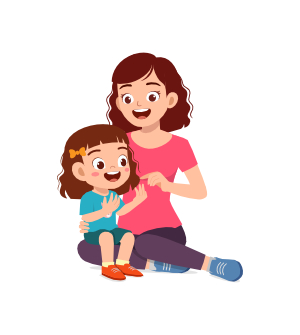 A mother teaching her daughter how to count on her fingers.